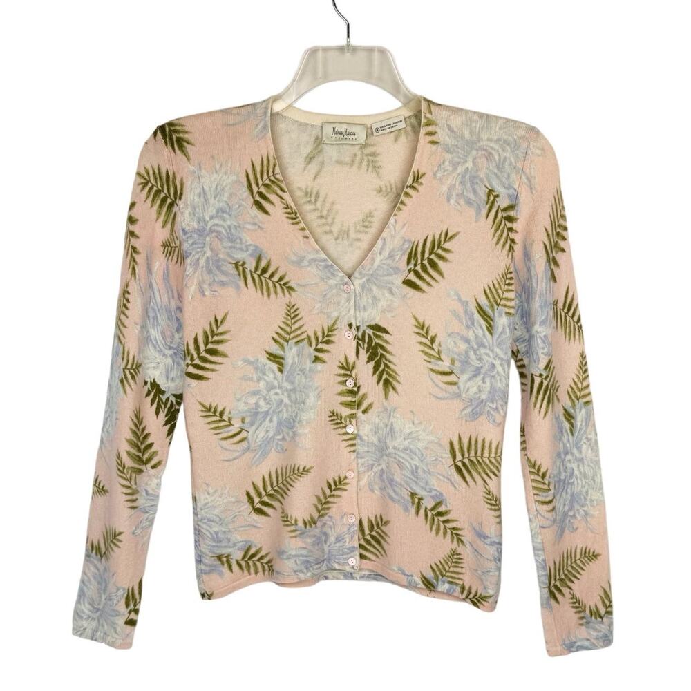 VTG Neiman Marcus Pink Floral 100% Cashmere Button Down Cardigan‎ Women's Medium